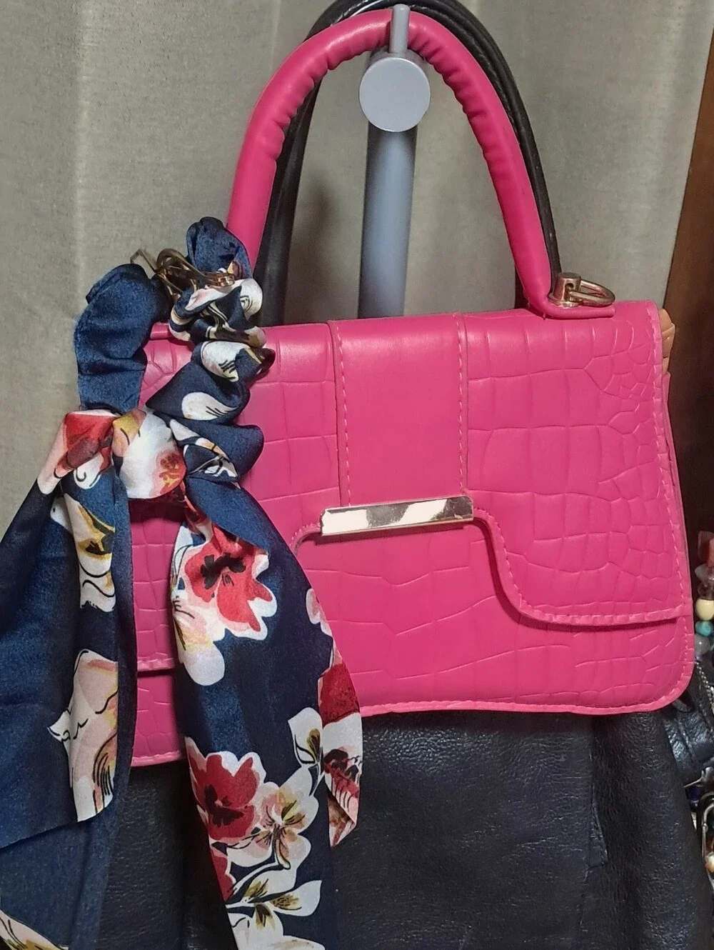 Hot Pink Croc-Embossed Top Handle Bag - Stylish Women's Purse - Picture 6 of 7